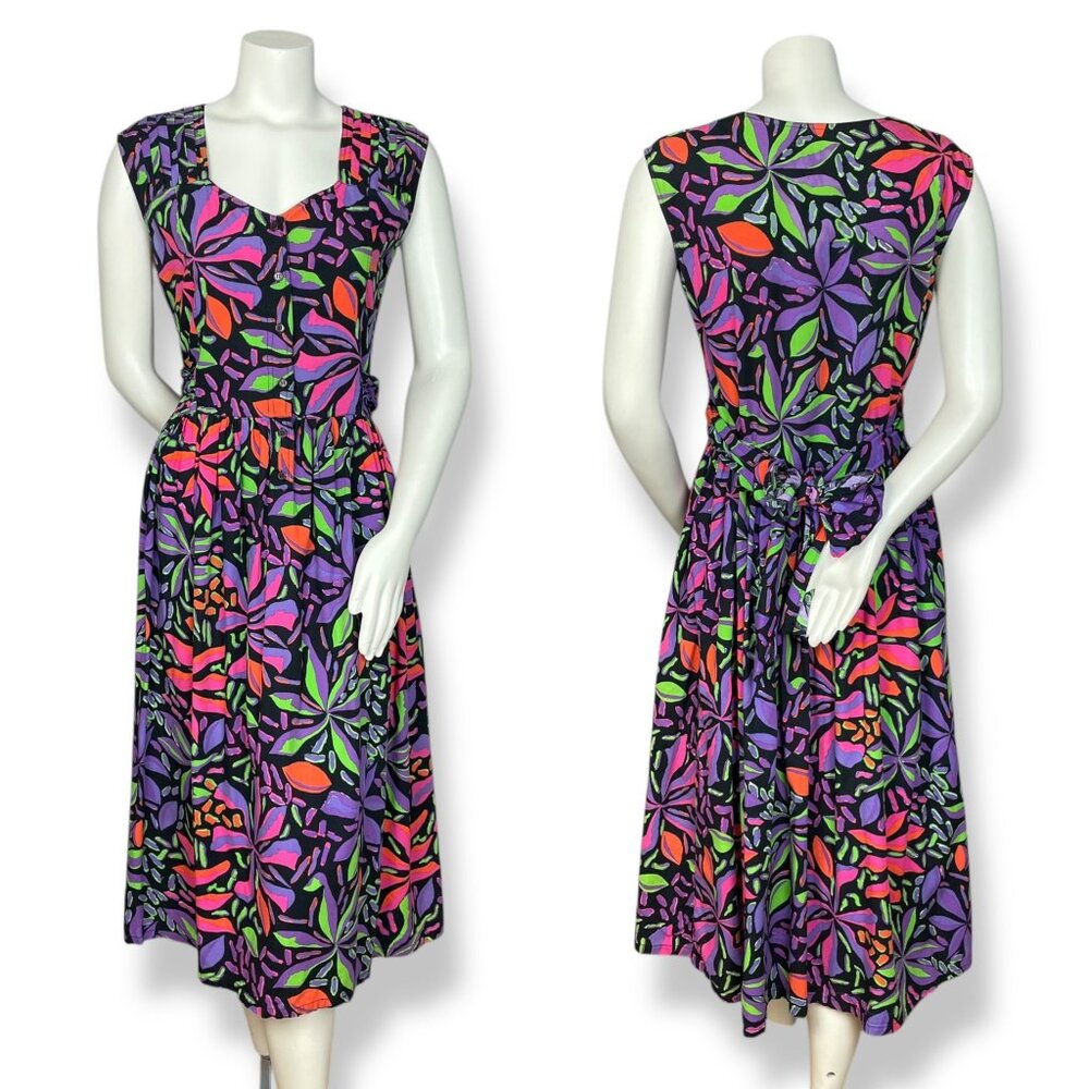 Vintage Dress Neon Midi Floral Paris Sport‎ Club Button-Up Abstract Retro 90s